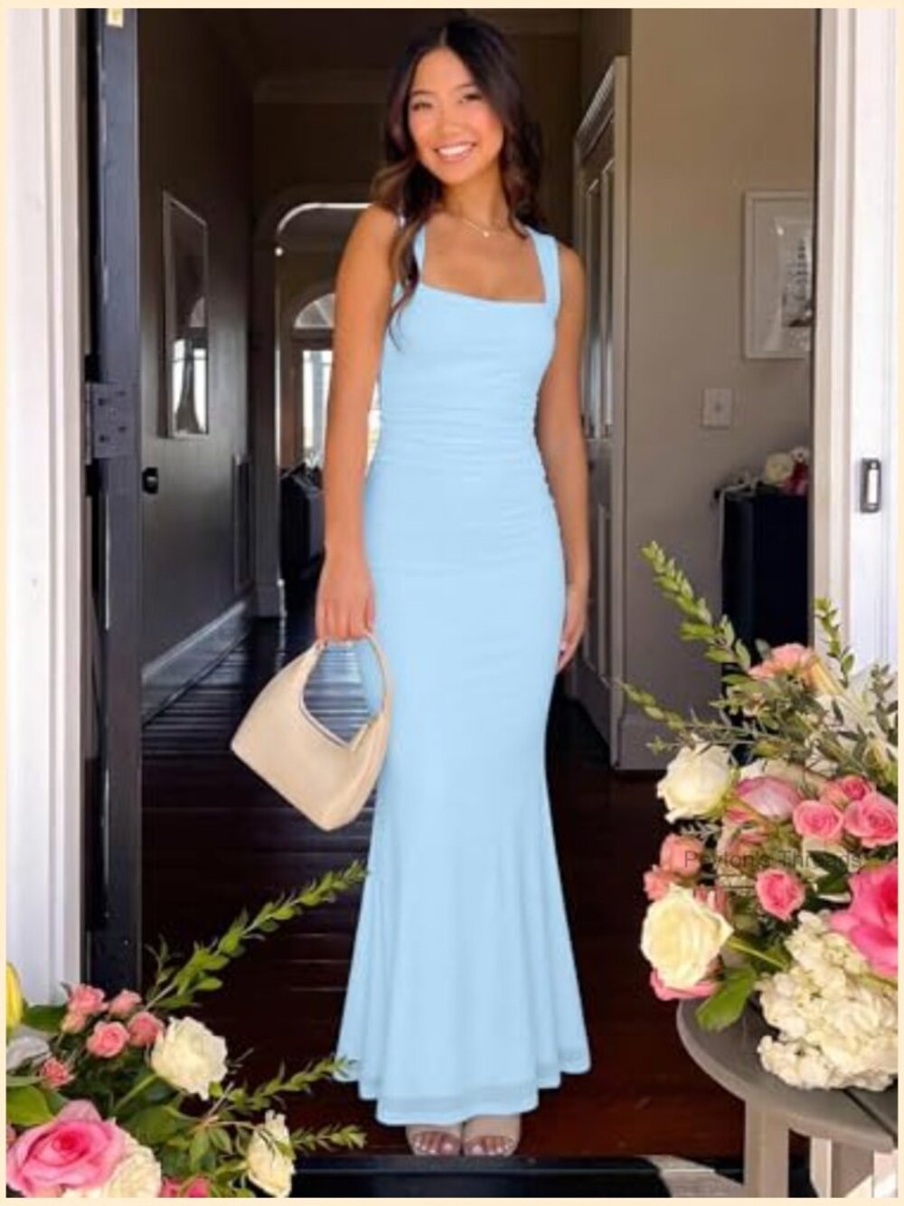 Ruched Bodycon Maxi Dress Sleeveless Square Neck Formal Wedding Guest - Picture 3 of 7
